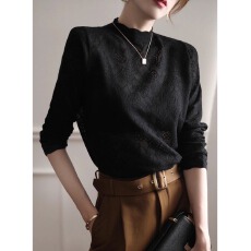 批发时尚百搭提花<b class='q'>镂空</b>薄款羊绒针织<b class='q'>衫</b>女春秋半高领花边气质羊毛打底<b class='q'>衫</b>