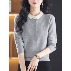 批发春秋装桑蚕丝长袖t恤女大码polo领粉色针织洋气上衣妈妈打底小衫