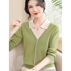 批发洋气妈妈春装假两件上衣针织打底衫<b class='q'>中老年</b>女春秋翻领长袖薄毛衣