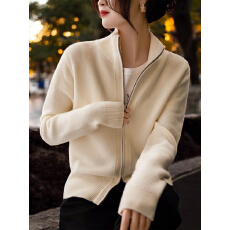 批发双拉链立领毛衣<b class='q'>外套女</b>春季复古米白色针织开衫
