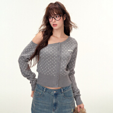 批发波点<b class='q'>针织</b><b class='q'>开衫</b>女双色早秋新款修身毛衣显瘦长袖上衣