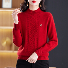 批发半高领加厚羊毛衫女秋冬100纯羊毛大码<b class='q'>妈妈</b>装新款红色羊绒毛衣厚