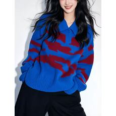 批发新款2025秋冬季宝蓝色撞色POLO领羊毛针织衫宽松加厚<b class='q'>毛衣</b>