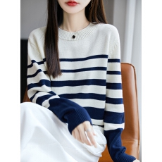 批发100%纯棉撞色条纹针织衫女2025秋冬加厚保暖宽松<b class='q'>打底</b>毛衣小众<b class='q'>上衣</b>