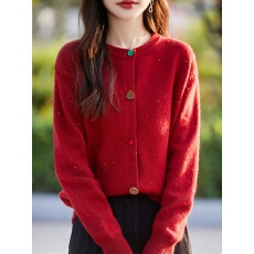 批发秋冬加厚100%纯羊毛开衫女圆领彩扣亮片毛衣外套宽松羊绒外搭上衣