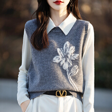 批发纯羊毛衫圆领马甲<b class='q'>女</b>宽松立体刺绣针织坎肩无袖羊绒背心外穿