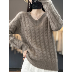 批发新款扭花V领羊绒衫女纯色加厚宽松套头毛衣打底针织羊毛衫秋冬