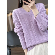 批发新款扭花V领<b class='q'>羊绒衫</b><b class='q'>女</b>纯色加厚宽松套头毛衣打底针织羊毛衫春秋