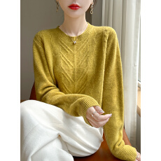 批发春秋100%纯羊毛衫<b class='q'>女</b>圆领提花针织毛衣宽松<b class='q'>羊绒衫</b>套头打底上衣