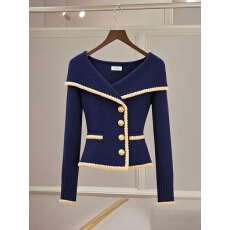 批发法式赫本风气质遮肉藏蓝色翻领毛衣开衫秋季外穿<b class='q'>通勤</b>外套