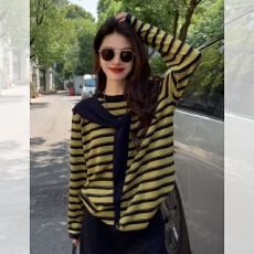 批发黄色条纹披肩T恤早秋季穿搭高级感chic别致巨好看的慵懒长袖上衣