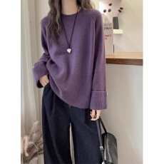 批发法式高级感袖口卷边圆领毛衣女秋冬软糯慵懒风内搭打底<b class='q'>针织衫</b>上衣