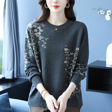 批发印花羊毛衫上衣女宽松大码<b class='q'>针织</b>打底衫遮肚子显瘦外穿圆领毛衣