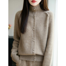 批发100%纯羊毛<b class='q'>开衫</b>女士高立领包扣毛衣外套加厚针织打底绒衫外搭叠穿