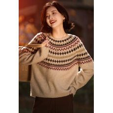 批发费尔岛复古提花加厚羊毛<b class='q'>针织衫</b>女秋冬宽松慵懒风圆领毛衣打底绒衫