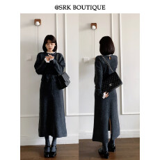 批发法式蕾丝拼接针织毛衣优雅气质松紧腰开叉设计直筒半身裙