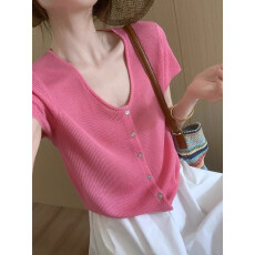 批发玫粉色u领正肩冰丝短袖T恤女夏季设计感宽松短款<b class='q'>针织</b><b class='q'>开衫</b>漂亮上衣