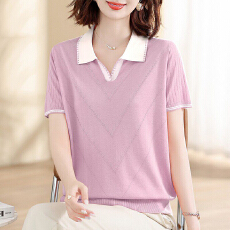 批发新款妈妈夏装翻领冰丝短袖t恤洋气小衫<b class='q'>中老年</b>女时尚针织上衣套装