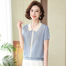 批发妈妈夏装短袖T恤桑蚕丝上衣<b class='q'>女士</b>新款夏季中老年薄款针织翻领小衫