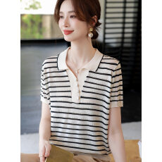 批发年轻妈妈夏装时尚冰丝小衫2026新款<b class='q'>中年</b>女士夏季洋气短袖条纹T恤