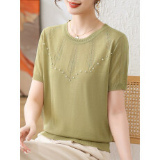 批发端庄大气妈妈夏装短袖针织<b class='q'>上衣</b>2026新款中老年女50岁冰丝小衫t恤