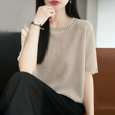 批发2026新款镂空纯色针织短袖t恤女夏季薄款冰丝<b class='q'>针织衫</b>大码女装上衣
