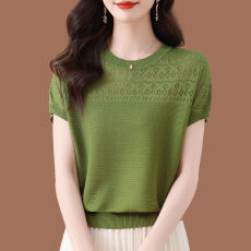 批发凉感冰丝短袖<b class='q'>t</b><b class='q'>恤</b>女镂空洋气休闲桑蚕丝薄款<b class='q'>妈妈</b>针织衫上衣