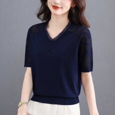 批发冰丝短袖<b class='q'>t</b><b class='q'>恤</b><b class='q'>女</b>polo衫2026夏季高级感镂空上衣冰丝针织小衫
