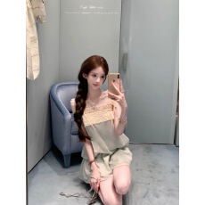 批发迟伞伞26/ss 升级版小女人 蕾丝吊带绿收腰<b class='q'>两件套连衣裙</b>