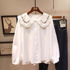 批发甜美刺绣花边娃娃领磨毛棉加厚<b class='q'>衬衫</b>女森系宽松娃娃衫大码减龄上衣