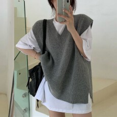 批发韩国ins宽松百搭<b class='q'>复古</b>v领慵懒小众两侧开叉毛衣马甲女