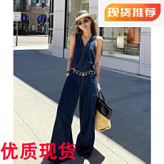 批发李婉君丹宁风牛仔<b class='q'>连体裤女</b>夏季新款复古老钱一体式无袖连衣阔腿<b class='q'>裤</b>