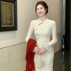 批发2025秋新款长款杏雪织光新中式植绒改良旗袍女喇叭袖连衣裙