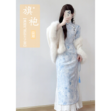 批发2025年秋季新款蓝色改良新中式倒大袖旗袍女淑女年轻日常连衣裙