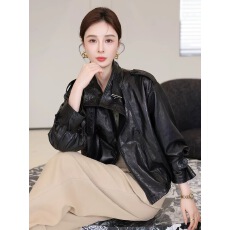 批发2025<b class='q'>海宁</b>PU<b class='q'>皮衣</b>女赫本机车双排扣宽松夹克酷飒风外套