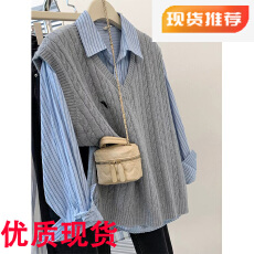 批发灰色v领针织马甲女春秋秋<b class='q'>冬</b>无袖叠穿背心两件套衬衫外穿2025新款