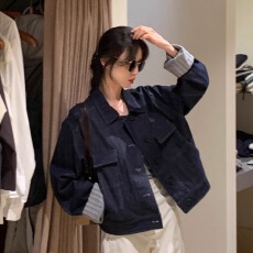 批发韩系深蓝色复古牛仔短外套女2025秋新休闲百搭显瘦夹克上衣