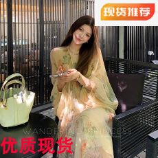 批发钱美西 100<b class='q'>桑蚕丝</b>6米双层用料 黄色碎花宽松真丝新中式<b class='q'>连衣裙</b>夏薄