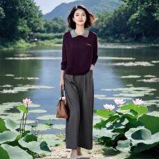 批发素雅女装原创<b class='q'>品牌</b>旗舰店秋季新款翻领针织衫搭高腰直筒裤两件套装