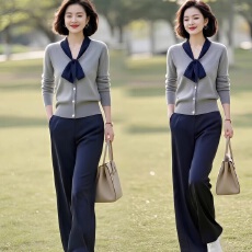 批发女装原创<b class='q'>品牌</b>旗舰店拼接系带领针织上衣+松紧腰直筒裤套装秋