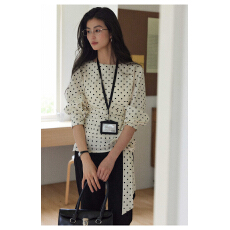 批发贰羊设计予舒复古气质波点圆领长袖上衣女不规则绑带收腰<b class='q'>衬衫</b>