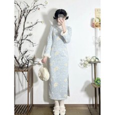 批发加绒加厚复古民国风新中式旗袍改良日常蓝色修身优雅少女款秋冬装