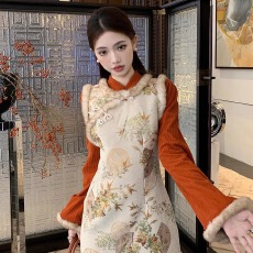 批发加绒加厚绝美气质秋冬旗袍倒大袖新中式国风加厚连衣裙2025新款
