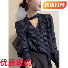 批发复古飘带V领<b class='q'>格子</b><b class='q'>衬衫女</b>欧洲站2025早秋新款欧货女装设计感上衣潮