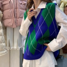 批发针织马甲女新款秋冬外穿菱格毛衣背心外套ins外搭叠穿V领坎肩