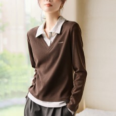 批发复古美拉德25冬季<b class='q'>衬衫</b>百搭撞色拼接<b class='q'>假两件</b>T恤式长袖女<b class='q'>衬衫</b>