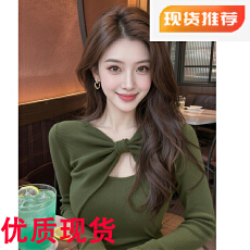 批发纯欲辣妹军绿色扭结镂空针织打底衫女内搭设计感秋冬修身长袖上衣