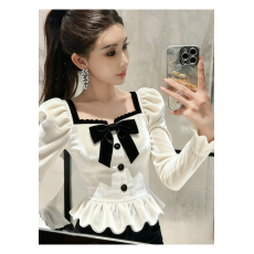 批发黑白拼接丝绒<b class='q'>衬衫女</b>秋高端轻奢减龄洋气巨好看小香风法式小资上衣