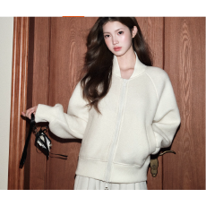 批发羊毛混纺廓形立领外套休闲宽松绒感开衫棒球服女秋冬