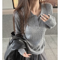 批发老钱polo 桑蚕丝绵羊毛软糯<b class='q'>翻领</b>长袖麻花针织衫上衣